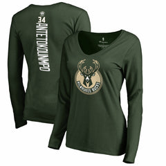 Giannis Antetokounmpo Milwaukee Bucks Women's Team Backer Name & Number Long Sleeve V-Neck T-Shirt - Hunter Green on sale