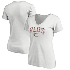 Cincinnati Reds Women's Floral Arched Logo V-Neck T-Shirt - White