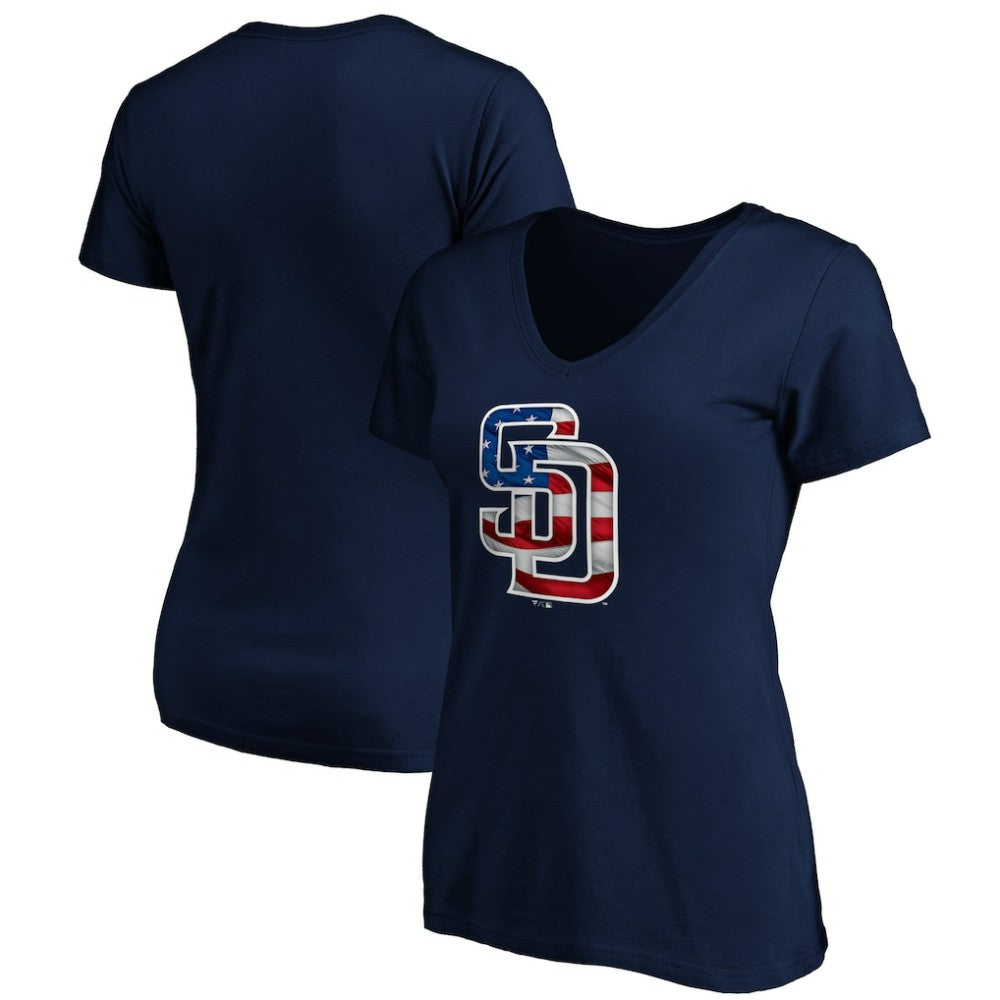 San Diego Padres Logo Women's Banner Wave V-Neck T-Shirt - Navy