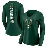 Milwaukee Bucks Women's Playmaker Personalized Name & Number Long Sleeve V-Neck T-Shirt - Hunter Green discount