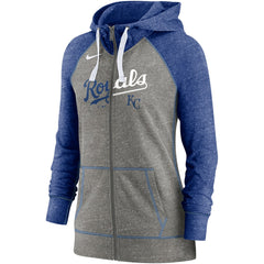 Kansas City Royals Women's Split Wordmark Gym Vintage Raglan Lightweight Full-Zip Hoodie - Heather Charcoal/Heather Royal | Nike