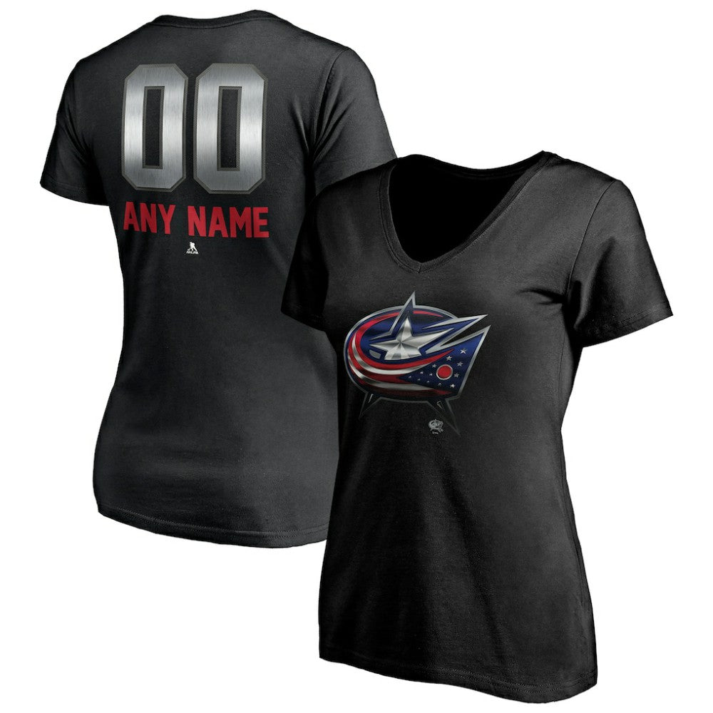 Columbus Blue Jackets Women's Personalized Midnight Mascot Logo V-Neck T-Shirt