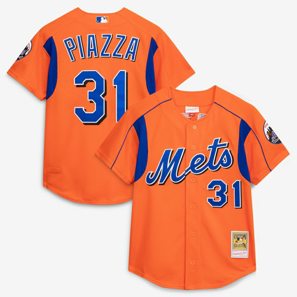 Mike Piazza New York Mets Cooperstown Collection Mesh Batting Practice Button-Up Jersey - Orange | Mitchell & Ness