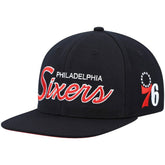Philadelphia 76ers Hardwood Classics Script 2.0 Snapback Hat - Black | Mitchell & Ness for sale