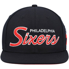 Philadelphia 76ers Hardwood Classics Script 2.0 Snapback Hat - Black | Mitchell & Ness for sale