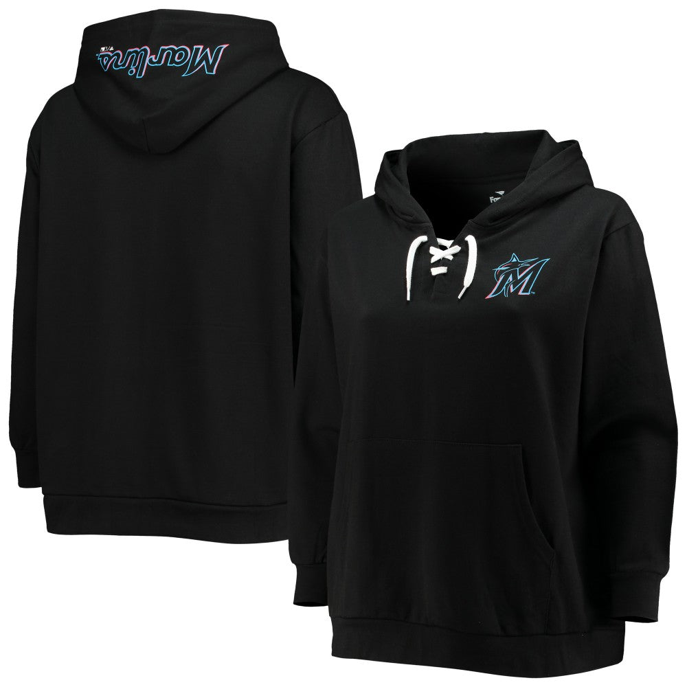 Miami Marlins Women's Plus Size Lace-Up V-Neck Pullover Hoodie - Black