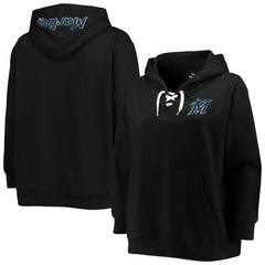 Miami Marlins Women's Plus Size Lace-Up V-Neck Pullover Hoodie - Black