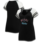Miami Marlins Soft as a Grape Women's Curvy Color Block Tri-Blend Raglan V-Neck T-Shirt - Black