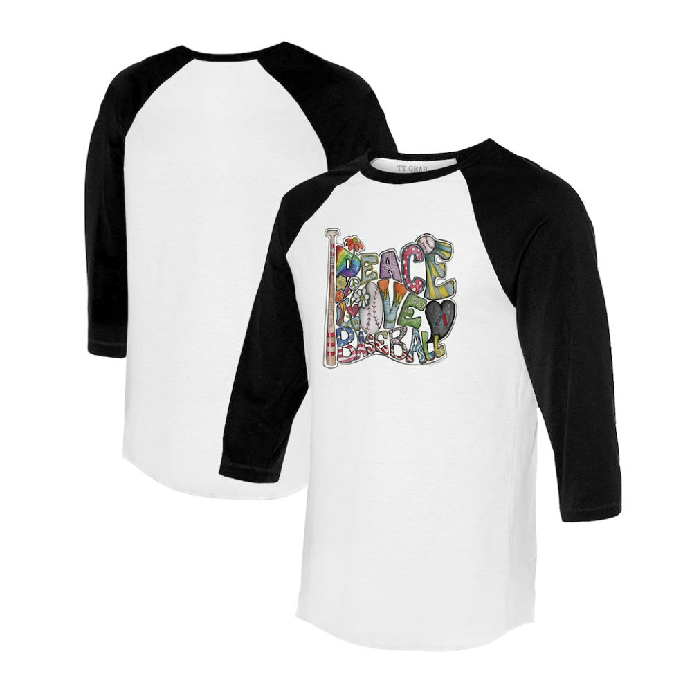 Arizona Diamondbacks Tiny Turnip Women's Peace Love Baseball 3/4-Sleeve Raglan T-Shirt - White/Black