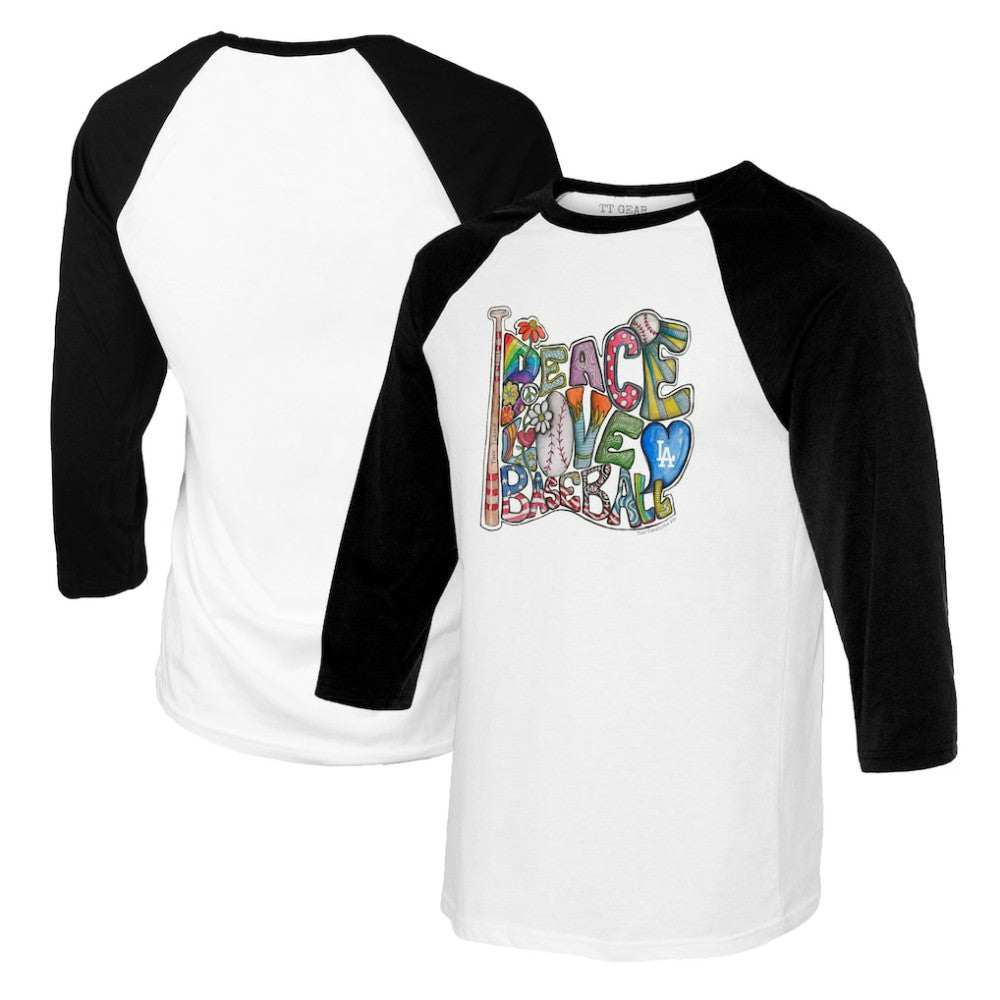 Los Angeles Dodgers Tiny Turnip Women's Peace Love Baseball 3/4-Sleeve Raglan T-Shirt - White/Black