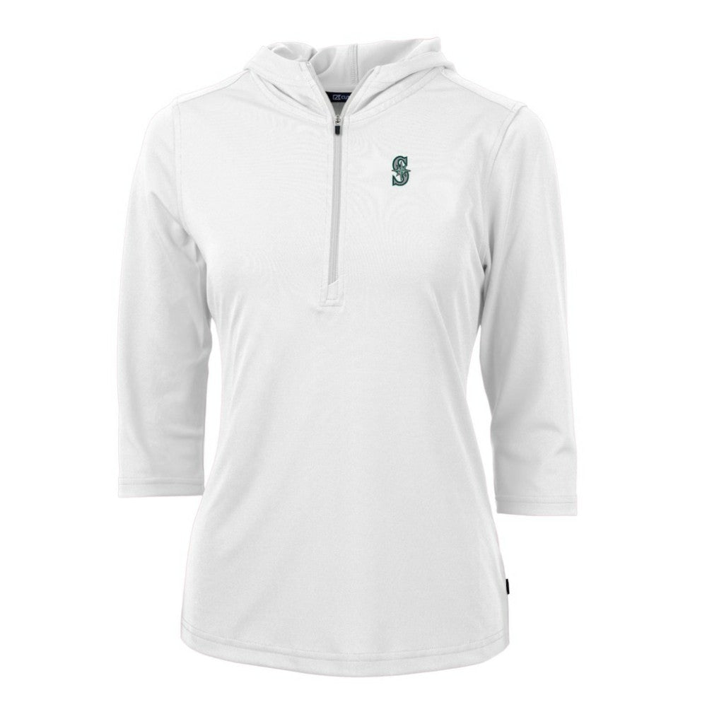 Seattle Mariners Cutter & Buck Women's Virtue Eco Pique 3/4 Sleeve Half-Zip Pullover Hoodie - White
