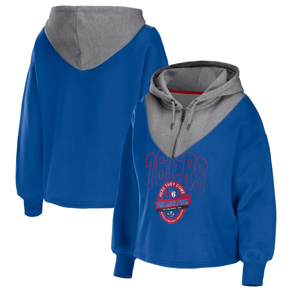 Philadelphia 76ers WEAR by Erin Andrews Women's Pieced Quarter-Zip Hoodie Jacket - Royal outlet