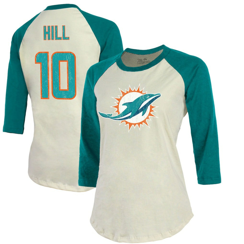 NFL Miami Dolphins Tyreek Hill Majestic Threads Vintage Player Name & Number Raglan 3/4-Sleeve T-Shirt