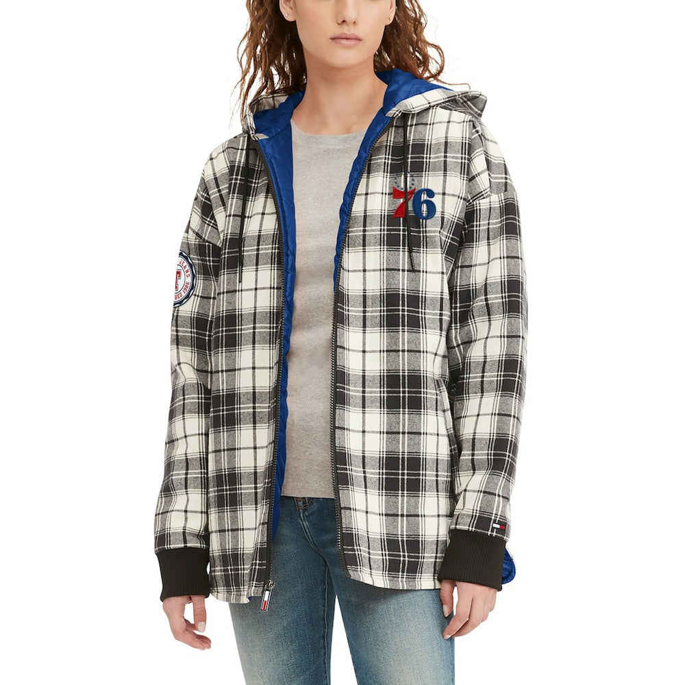 Philadelphia 76ers Tommy Jeans Women's Molly Flannel Full-Zip Hoodie - Black/Cream online
