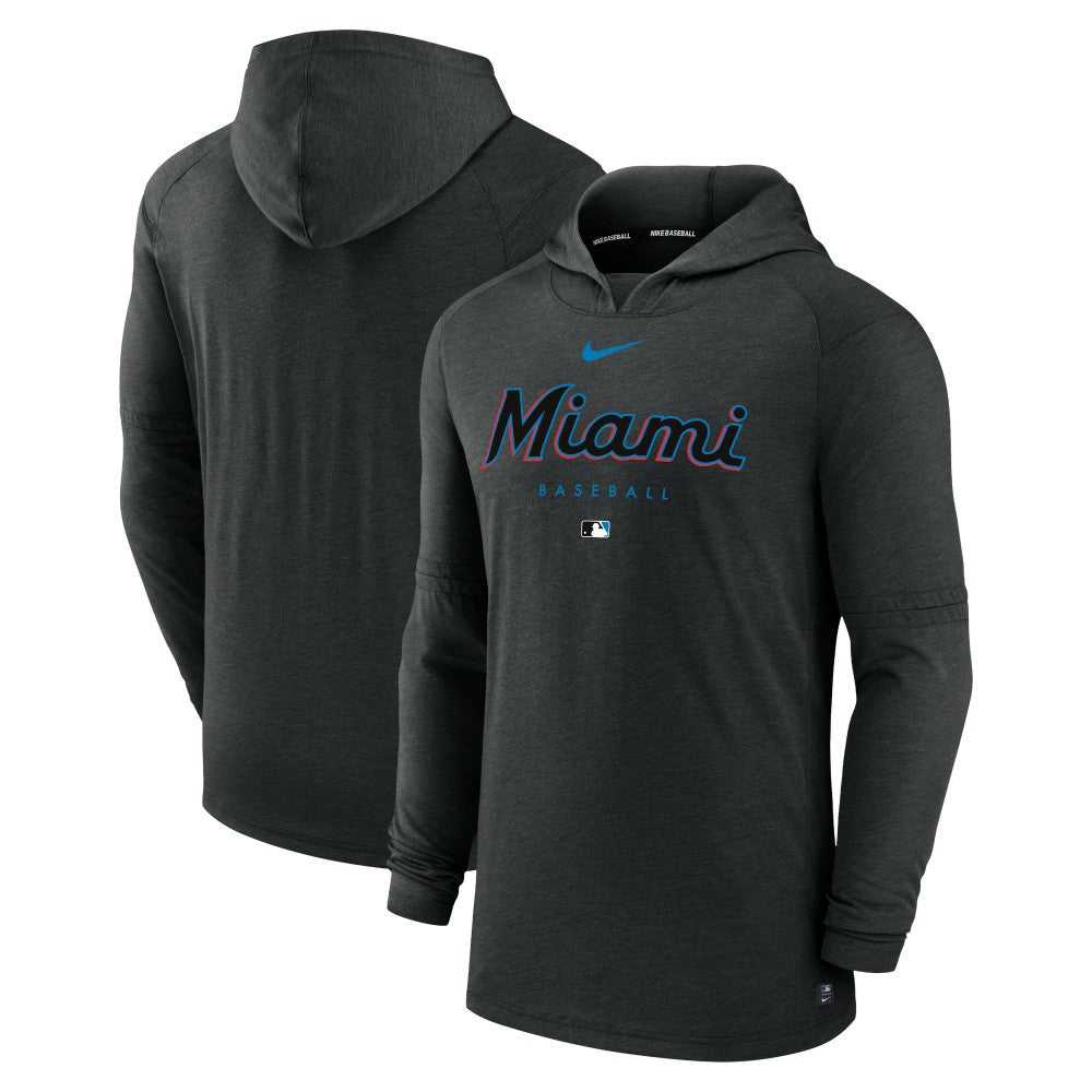 Miami Marlins Authentic Collection Lightweight Dri-FIT Hooded Pullover - Heather Black | Nike