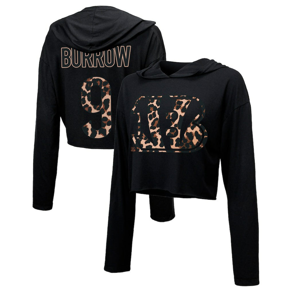NFL Cincinnati Bengals Joe Burrow Majestic Threads Women's Leopard Player Name & Number Long Sleeve Cropped Hoodie