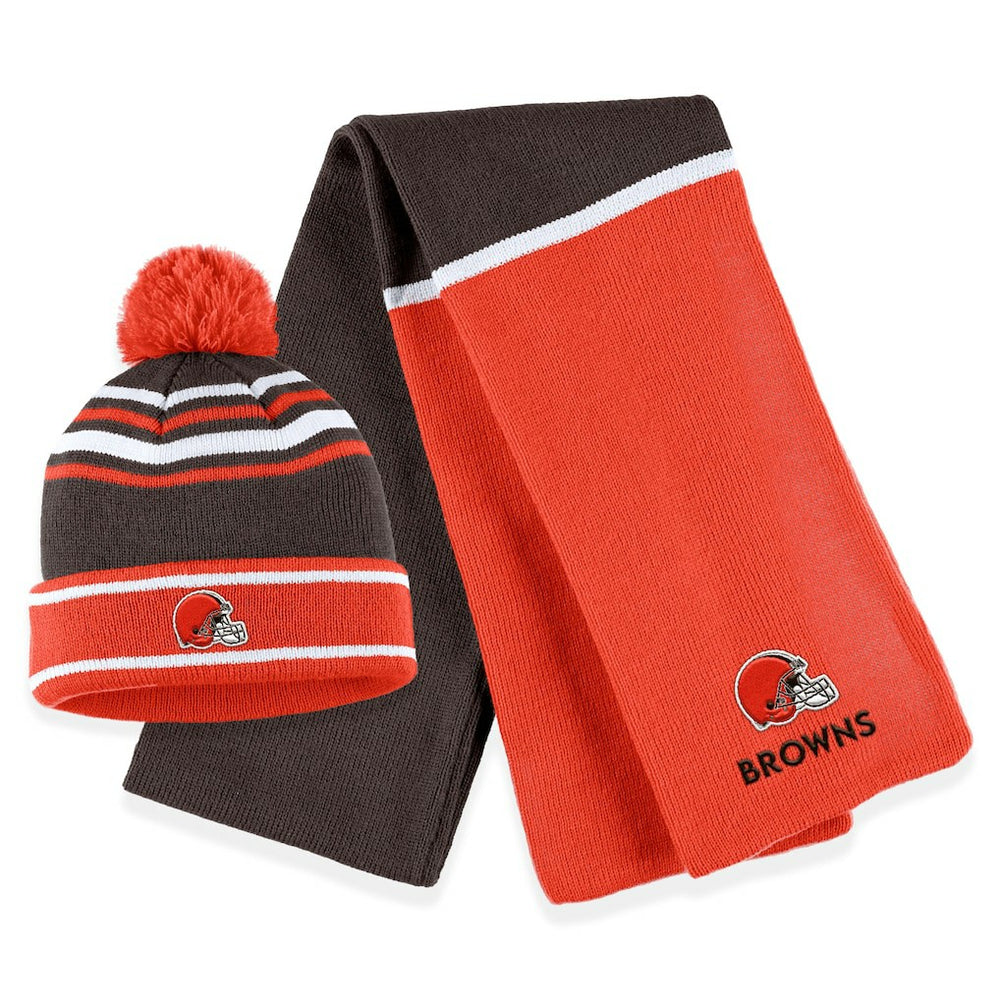 NFL Cleveland Browns WEAR by Erin Andrews Women's Colorblock Cuffed Knit Hat with Pom and Scarf Set