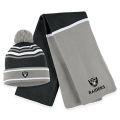 NFL Las Vegas Raiders WEAR by Erin Andrews Women's Colorblock Cuffed Knit Hat with Pom and Scarf Set