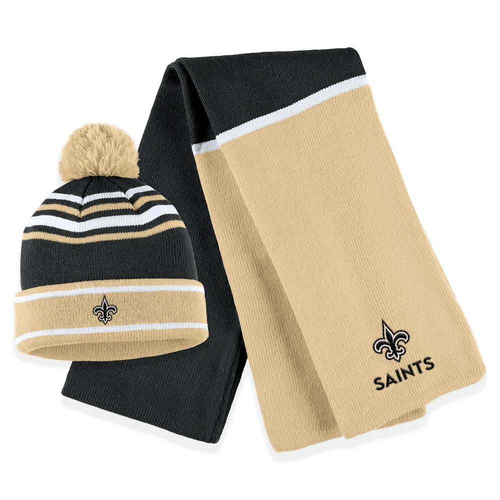 NFL New Orleans Saints WEAR by Erin Andrews Women's Colorblock Cuffed Knit Hat with Pom and Scarf Set
