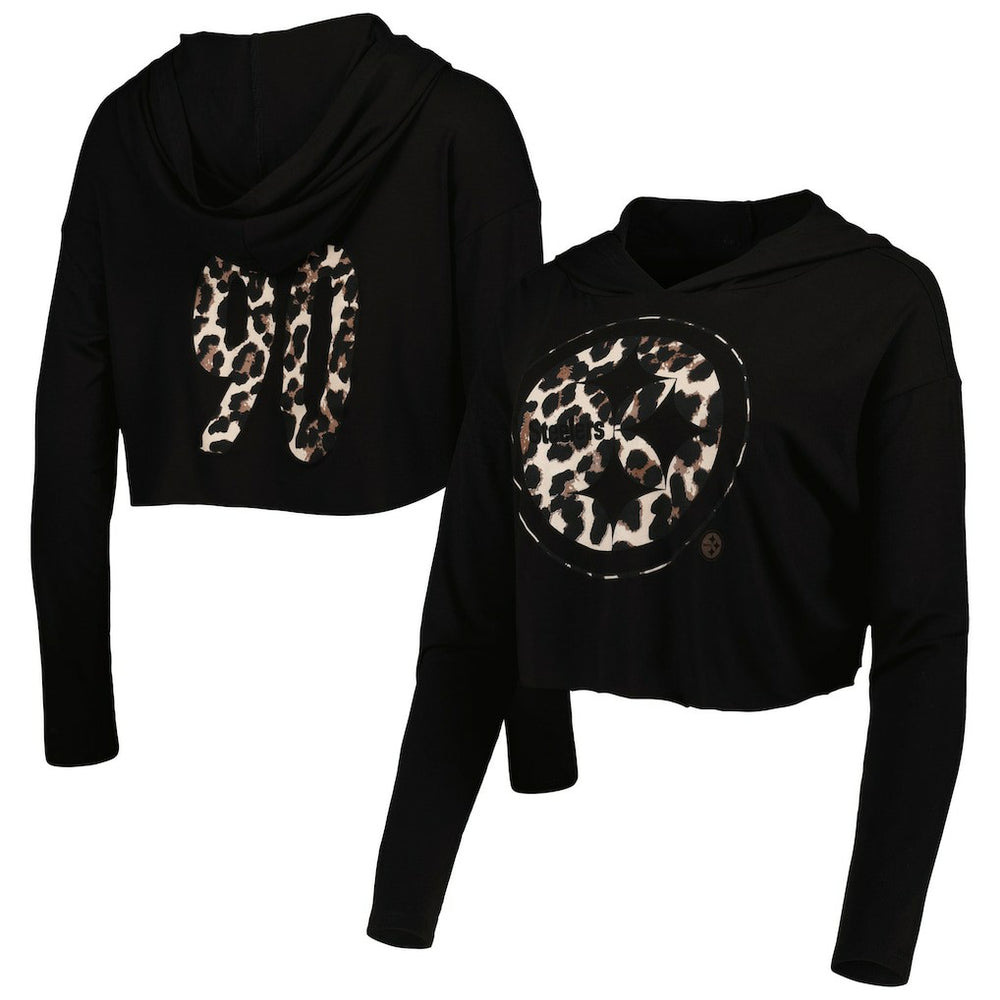 NFL Pittsburgh Steelers T.J. Watt Majestic Threads Women's Leopard Player Name & Number Long Sleeve Cropped Hoodie