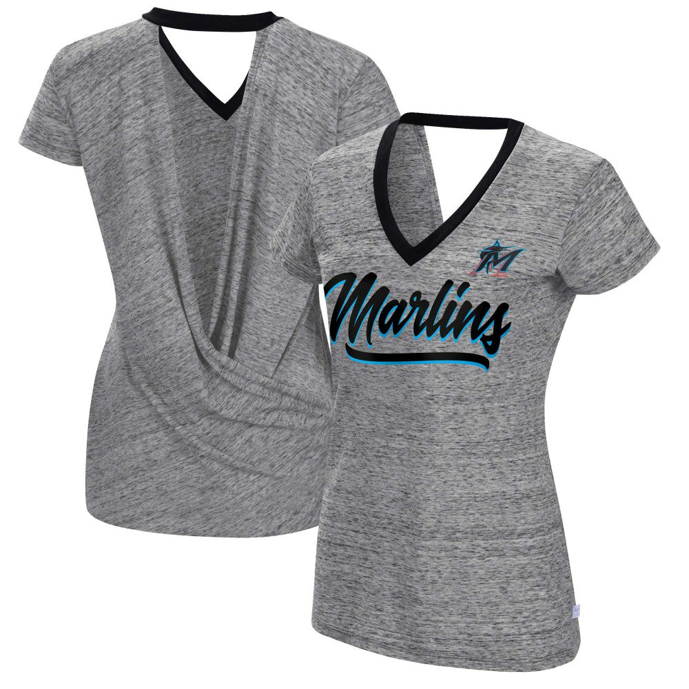 Miami Marlins Touch Women's Halftime Back Wrap Top V-Neck T-Shirt - Black