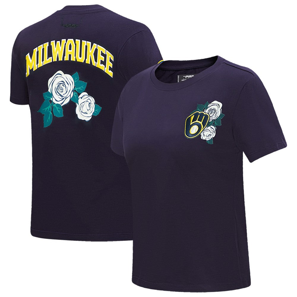 Milwaukee Brewers Pro Standard Women's Roses Fitted T-Shirt - Navy