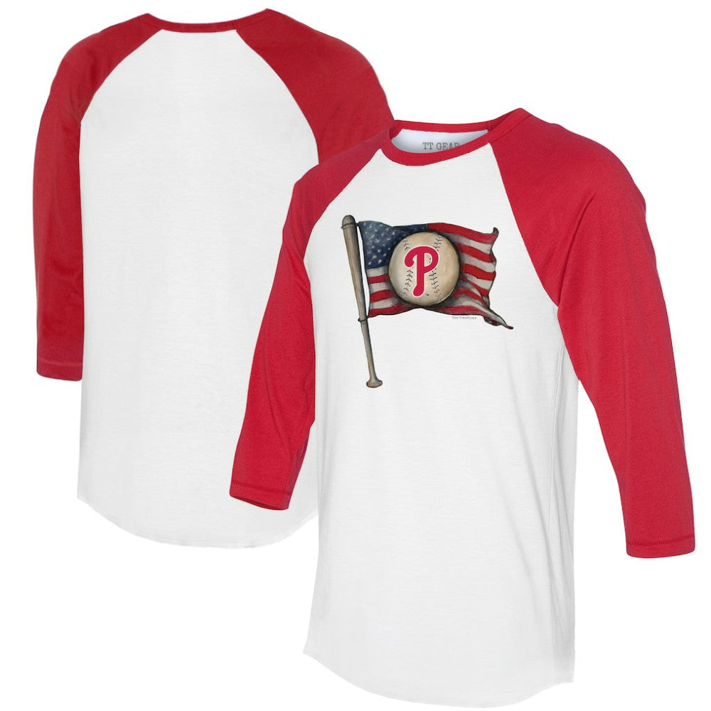Philadelphia Phillies Tiny Turnip Women's Baseball Flag 3/4-Sleeve Raglan T-Shirt - White/Red