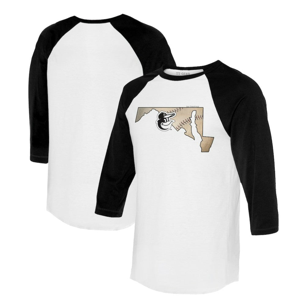 Baltimore Orioles Tiny Turnip Unisex State Outline 3/4-Sleeve Raglan T-Shirt - White/Black