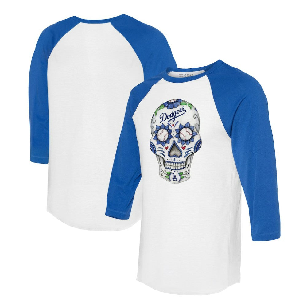Los Angeles Dodgers Tiny Turnip Unisex Sugar Skull 3/4-Sleeve Raglan T-Shirt - White/Royal