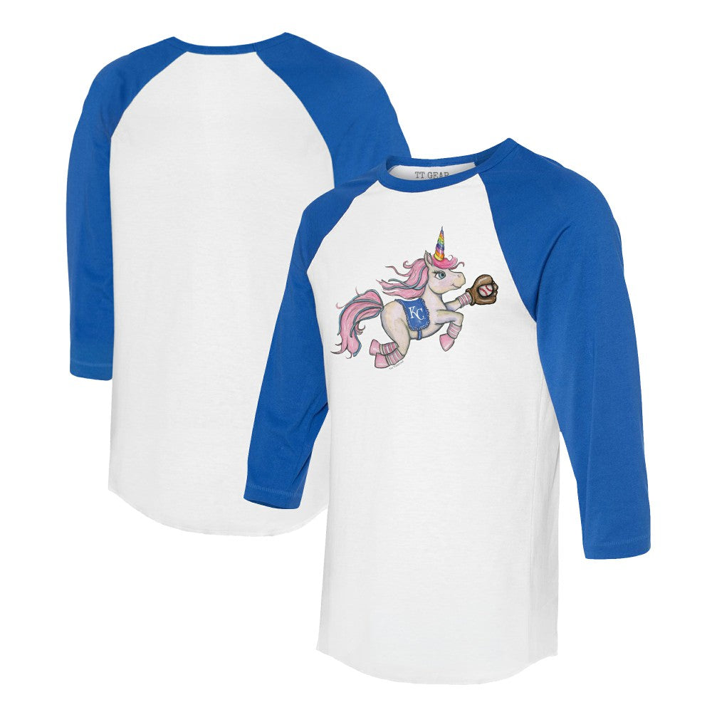 Kansas City Royals Tiny Turnip Unisex Unicorn 3/4-Sleeve Raglan T-Shirt - White/Royal