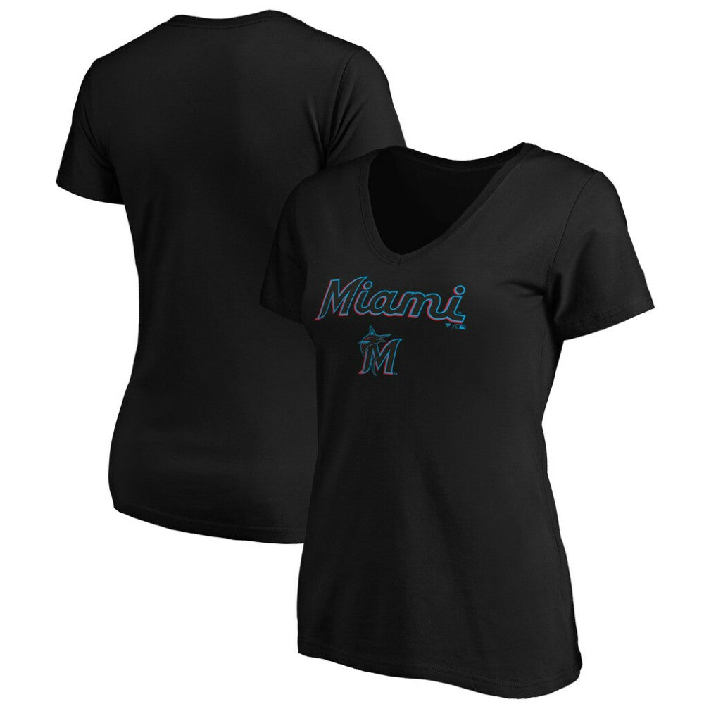 Miami Marlins Women's Core Team Lock Up V-Neck T-Shirt - Black