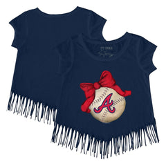 Atlanta Braves Tiny Turnip Girls Youth Baseball Bow Fringe T-Shirt - Navy