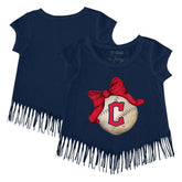 Cleveland Guardians Tiny Turnip Girls Youth Baseball Bow Fringe T-Shirt - Navy