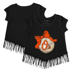 Baltimore Orioles Tiny Turnip Girls Youth Baseball Bow Fringe T-Shirt - Black