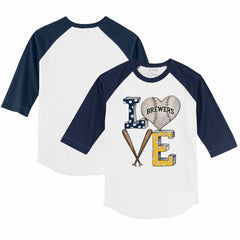 Milwaukee Brewers Tiny Turnip Youth Baseball Love 3/4-Sleeve Raglan T-Shirt - White/Navy