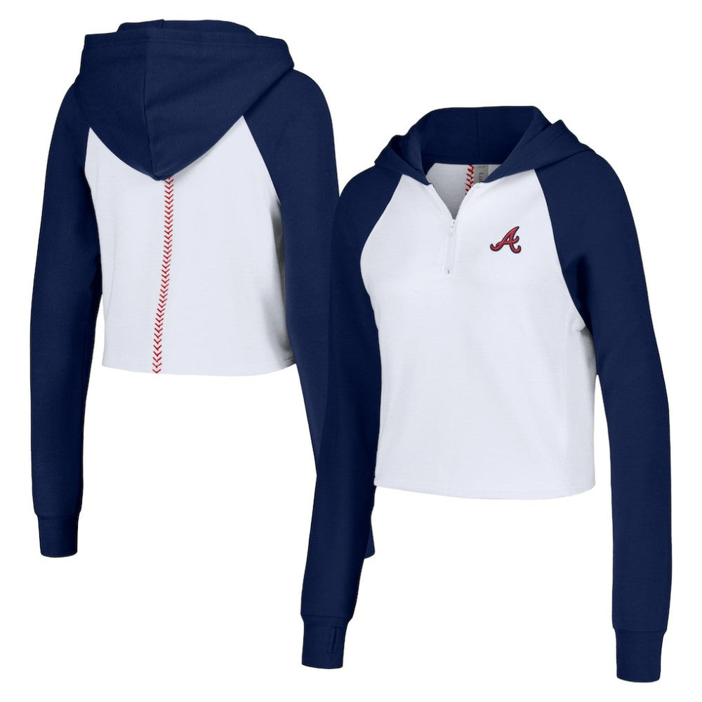 Atlanta Braves Lusso Women's Jane Raglan Quarter-Zip Tri-Blend Cropped Pullover Hoodie - White