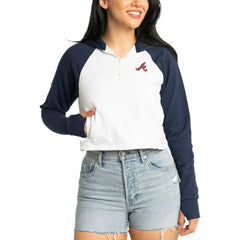 Atlanta Braves Lusso Women's Jane Raglan Quarter-Zip Tri-Blend Cropped Pullover Hoodie - White