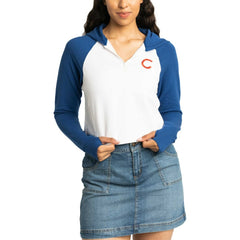 Chicago Cubs Lusso Women's Jane Raglan Quarter-Zip Tri-Blend Cropped Pullover Hoodie - White