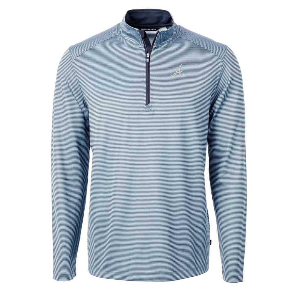 Atlanta Braves Cutter & Buck Virtue Eco Pique Micro Stripe Recycled Quarter-Zip Pullover Top - Light Blue/Navy