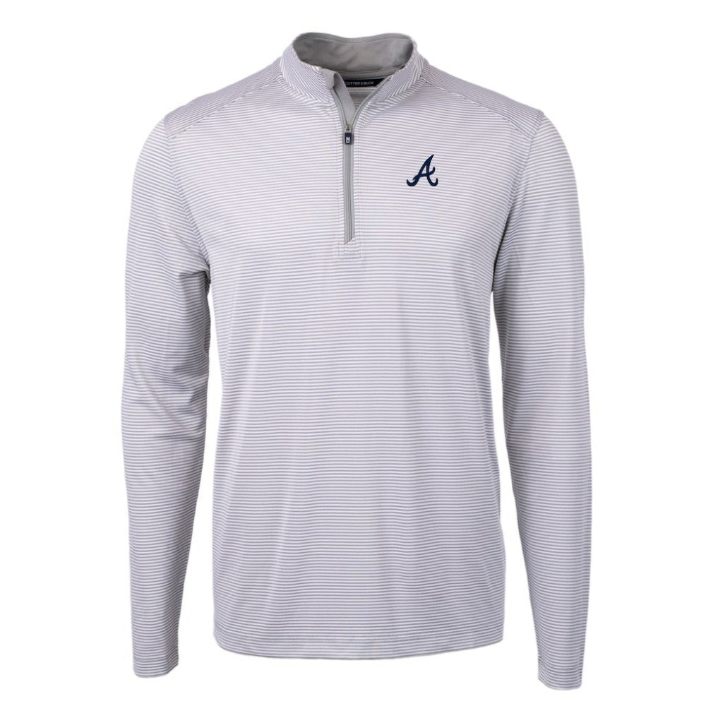 Atlanta Braves Cutter & Buck Virtue Eco Pique Micro Stripe Recycled Quarter-Zip Pullover Top - Gray/White
