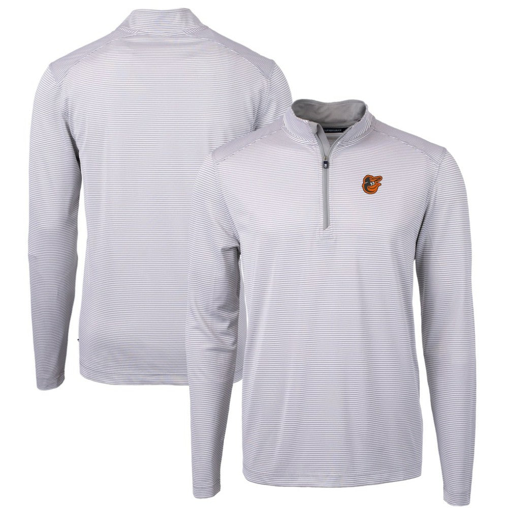 Baltimore Orioles Cutter & Buck Virtue Eco Pique Micro Stripe Recycled Quarter-Zip Pullover Top - Gray/White