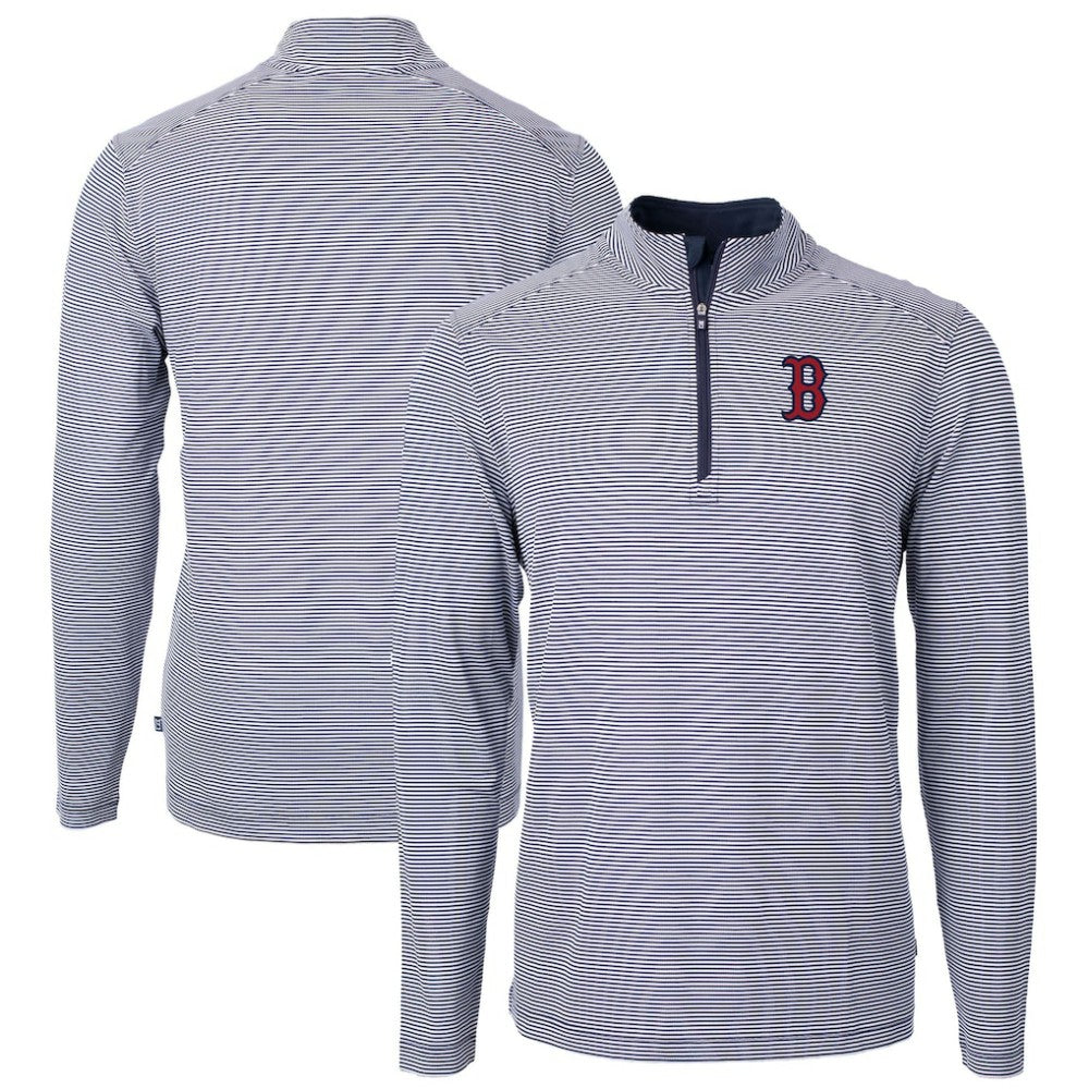 Boston Red Sox Cutter & Buck Virtue Eco Pique Micro Stripe Recycled Quarter-Zip Pullover Top - Navy/White