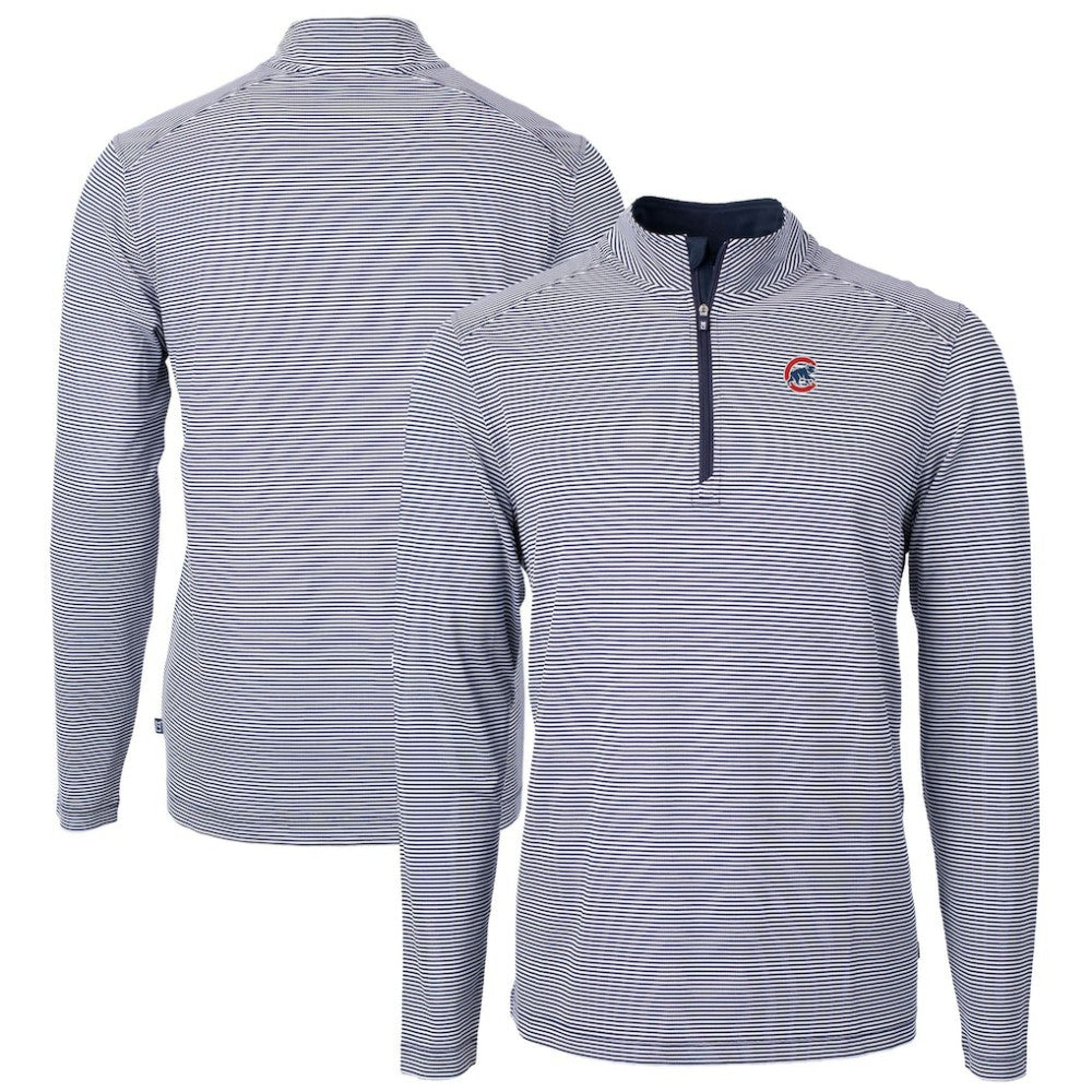 Chicago Cubs Cutter & Buck Virtue Eco Pique Micro Stripe Recycled Quarter-Zip Pullover Top - Navy/White