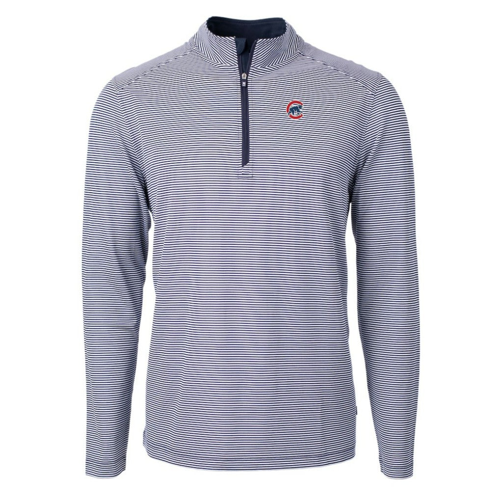 Chicago Cubs Cutter & Buck Virtue Eco Pique Micro Stripe Recycled Quarter-Zip Pullover Top - Navy/White