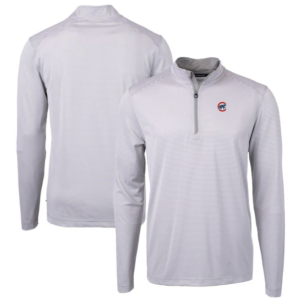 Chicago Cubs Cutter & Buck Virtue Eco Pique Micro Stripe Recycled Quarter-Zip Pullover Top - Gray/White