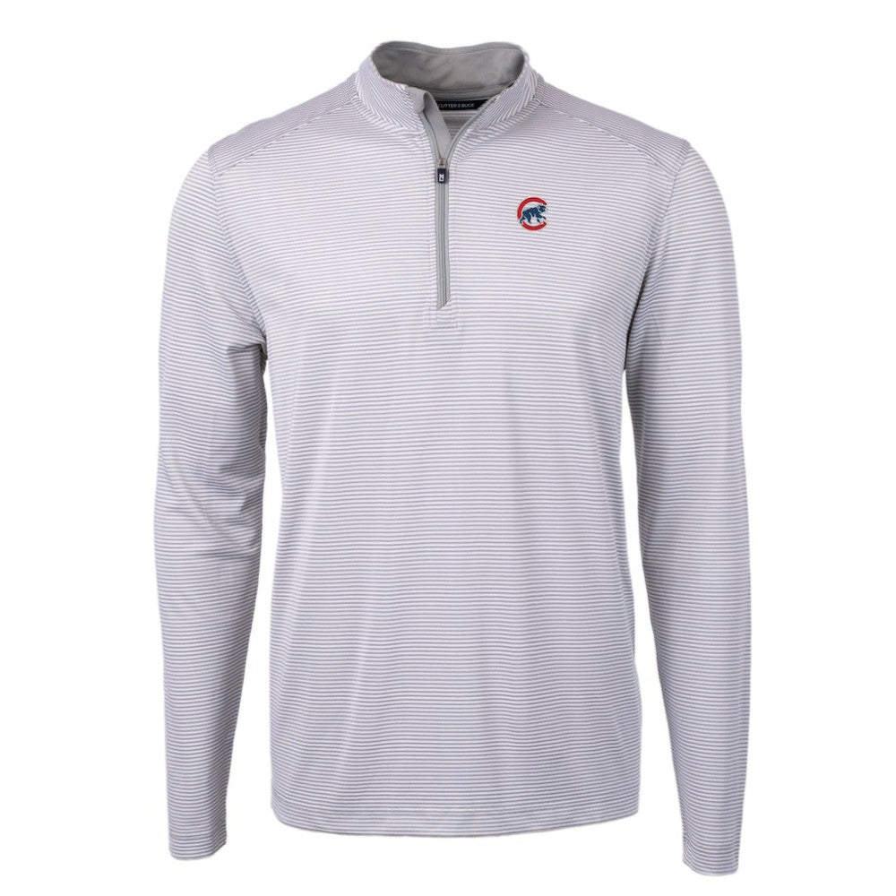 Chicago Cubs Cutter & Buck Virtue Eco Pique Micro Stripe Recycled Quarter-Zip Pullover Top - Gray/White