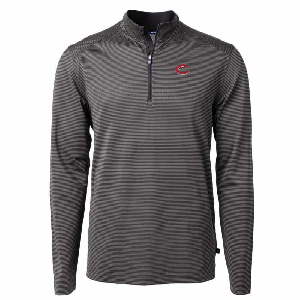 Cincinnati Reds Cutter & Buck Virtue Eco Pique Micro Stripe Recycled Quarter-Zip Pullover Top - Black/Gray
