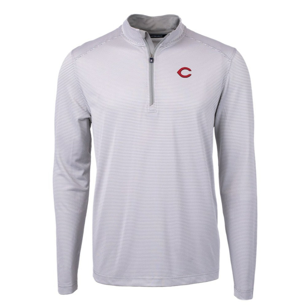 Cincinnati Reds Cutter & Buck Virtue Eco Pique Micro Stripe Recycled Quarter-Zip Pullover Top - Gray/White
