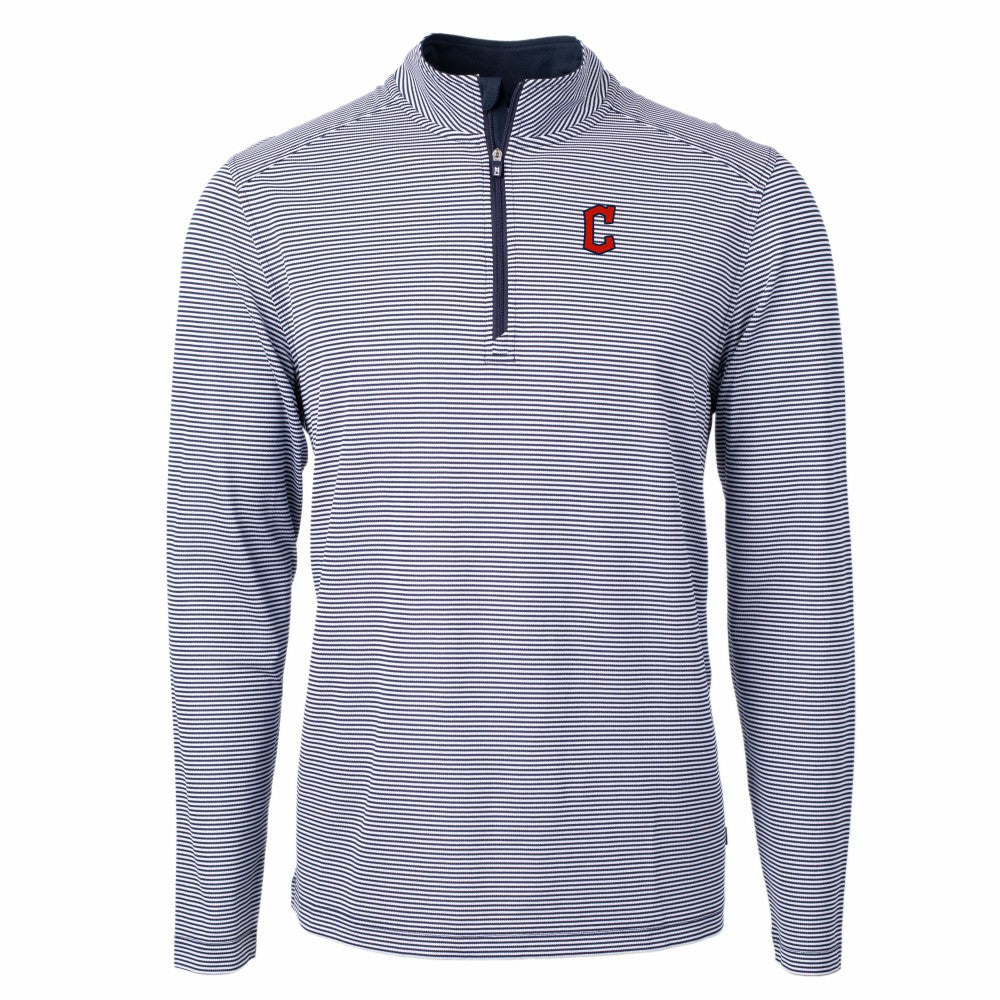 Cleveland Guardians Cutter & Buck Virtue Eco Pique Micro Stripe Recycled Quarter-Zip Pullover Top - Navy/White