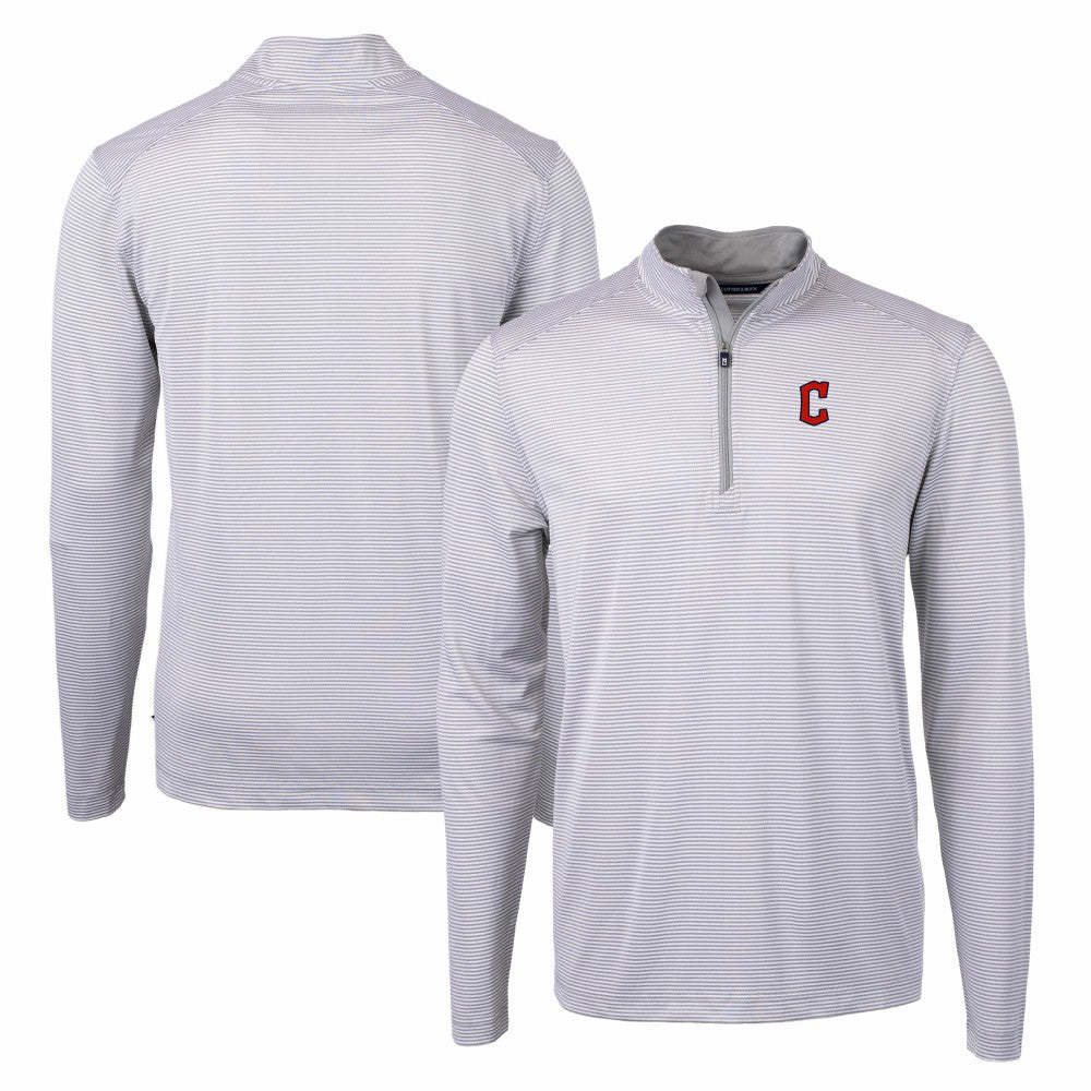 Cleveland Guardians Cutter & Buck Virtue Eco Pique Micro Stripe Recycled Quarter-Zip Pullover Top - Gray/White